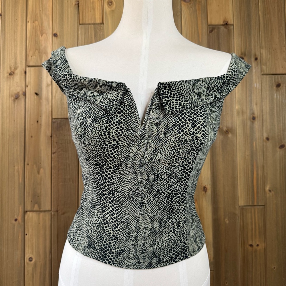 Free People Green Black Snakeskin V Neck Off the Shoulder Top